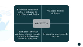 Esclarecer o indivíduo
sobre a natureza do
procedimento cirúrgico
Avaliação do risco
cirúrgico
Identificar e abordar
condições clínicas visando
a otimização do estado
clínico do indivíduo.
Determinar a necessidade
cirúrgica.
OBJETIVOS
 