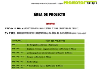 AGRUPAMENTO DE ESCOLAS MOSTEIRO E CÁVADO ÁREA DE PROJECTO VERTENTES 2º CICLO e  8º ANOS –  PROJECTOS DISCIPLINARES SOBRE O TEMA “MOSTEIRO DE TIBÃES” 7º e 9º ANO –  DESENVOLVIMENTO DE COMPETÊNCIAS NA ÁREA DA MATEMÁTICA  (NOVOS PROGRAMAS) ANO/TURMA TEMA DOS PROJECTOS 5º A Os Monges Beneditinos e a Tecnologia 5º B / 5º C Espécies Animais e Vegetais existentes no Mosteiro de Tibães 5º D / 5º E / 5º F Lendas populares relacionadas com o Mosteiro de Tibães 6º A / 6º B / 6º C Monges no Mosteiro de Tibães 6º D / 6º E / 6º F Mosteiro hoje 8º A / 8º B / 8º C / 8º D / 8º E / 8º F A Geometria no espaço do Mosteiro de Tibães 