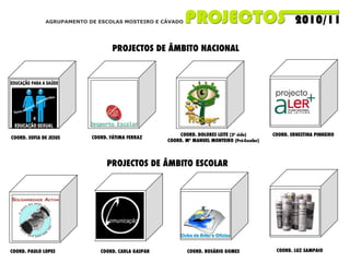 AGRUPAMENTO DE ESCOLAS MOSTEIRO E CÁVADO PROJECTOS DE ÂMBITO NACIONAL COORD. FÁTIMA FERRAZ COORD. DOLORES LEITE  (3º ciclo) COORD. Mª MANUEL MONTEIRO  (Pré-Escolar) COORD. ERNESTINA PINHEIRO PROJECTOS DE ÂMBITO ESCOLAR COORD. PAULO LOPES COORD. CARLA GASPAR COORD. ROSÁRIO GOMES COORD. LUZ SAMPAIO COORD. SOFIA DE JESUS 
