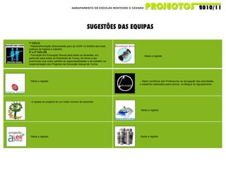 AGRUPAMENTO DE ESCOLAS MOSTEIRO E CÁVADO SUGESTÕES DAS EQUIPAS - Maior contributo dos Professores na divulgação das actividades e trabalhos realizados pelos alunos, no Blogue do Agrupamento.  1º CICLO - Palestra/formação direccionada para as CAAF no âmbito das boas práticas de higiene e trabalho 2º e 3º CICLOS - Formação em Educação Sexual para todos os docentes, em particular para todos os Directores de Turma, de forma a ser promovida uma maior partilha de responsabilidades e de trabalho na implementação dos Projectos de Educação Sexual de Turma - A equipa do projecto ter um maior número de docentes -Nada a registar. -Nada a registar. -Nada a registar. -Nada a registar. -Nada a registar. 