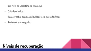 - Em nível de Secretaria da educação
- Sala de estudos
- Parecer sobre quais as dificuldades e o que já foi feito;
- Professor encarregado;
Níveis de recuperação
 