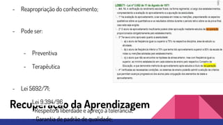 Recuperação da Aprendizagem
- Reapropriação do conhecimento;
- Pode ser:
- Preventiva
- Terapêutica
- Lei 5692/71;
- Lei 9.394/96
-Respeito à liberdade e apreço à tolerância;
- Garantia de padrão de qualidade;
 