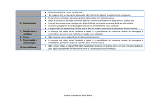  Existe consistência com o mundo real.
                      As imagens têm um tamanho adequado, são facilmente legíveis e rapidamente carregadas.
                        Os caracteres, símbolos e elementos gráficos são exibidos com bastante clareza.
                        O tipo e tamanho da letra são facilmente legíveis e considero perfeitamente adequados ao público-alvo.
6. Comunicação          A cor da letra proporciona contraste com a cor do fundo, no entanto penso que devia ser mais notório.
                        Os ícones, pictogramas e outras imagens comunicam eficientemente o seu conteúdo.
                        A organização dos elementos e a ênfase que se lhes dá, respeita o esquema de varrimento do olho humano.
7. Relação com o      A presença nas redes sociais facebook e tweet, e a possibilidade de comunicar através de mensagens e
   utilizador            comentários, permitem uma melhoria da relação com o utilizador.
8. Custos             Não observei custos específicos de utilização do recurso.
9. Conservação e      A presença nas redes sociais facebook e tweet, e a possibilidade de comunicar através de mensagens e
   comunicação           comentários, permitem o acesso e a partilha deste recurso recurso.
                      Não cumpre todas as regras WAI (Web Accebility Iniciative), de acordo com a lei sobre serviços públicos,
10. Acessibilidade
                       pois alguns portadores de deficiência vêem a sua utilização muito limitada.




                                           Análise realizada por Nuno Maria
 