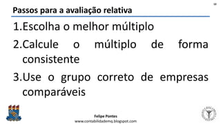Felipe Pontes
www.contabilidademq.blogspot.com
Passos para a avaliação relativa
1.Escolha o melhor múltiplo
2.Calcule o múltiplo de forma
consistente
3.Use o grupo correto de empresas
comparáveis
10
 