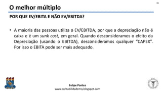 Felipe Pontes
www.contabilidademq.blogspot.com
O melhor múltiplo
POR QUE EV/EBITA E NÃO EV/EBITDA?
• A maioria das pessoas utiliza o EV/EBITDA, por que a depreciação não é
caixa e é um sunk cost, em geral. Quando desconsideramos o efeito da
Depreciação (usando o EBITDA), desconsideramos qualquer “CAPEX”.
Por isso o EBITA pode ser mais adequado.
15
 