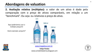 Felipe Pontes
www.contabilidademq.blogspot.com
Abordagens de valuation
2. Avaliação relativa (múltiplos): o valor de um ativo é dado pela
comparação com o preço de ativos comparáveis, em relação a um
“benchmark”. Ou seja: eu relativizo o preço do ativo.
4
www.imagetica.com.br
Aqui poderíamos usar o
múltiplo preço/ml
Outro exemplo: preço/m²
 