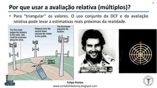 Felipe Pontes
www.contabilidademq.blogspot.com
Por que usar a avaliação relativa (múltiplos)?
• Para “triangular” os valores. O uso conjunto da DCF e da avaliação
relativa pode levar a estimativas mais próximas da realidade.
9
 