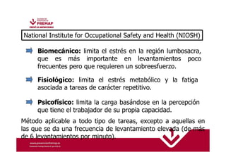 National Institute for Occupational Safety and Health (NIOSH) 
Biomecánico: limita el estrés en la región lumbosacra, 
que es más importante en levantamientos poco 
frecuentes pero que requieren un sobreesfuerzo. 
Fisiológico: limita el estrés metabólico y la fatiga 
asociada a tareas de carácter repetitivo. 
Psicofísico: limita la carga basándose en la percepción 
que tiene el trabajador de su propia capacidad. 
Método aplicable a todo tipo de tareas, excepto a aquellas en 
las que se da una frecuencia de levantamiento elevada (de más 
de 6 levantamientos por minuto). 
 