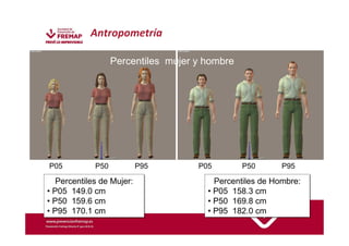 Antropometría 
Percentiles mujer y hombre 
Percentiles HOMBRE Y MUJER 
P05 P50 P95 P05 P50 P95 
Percentiles de Hombre: 
• P05 158.3 cm 
• P50 169.8 cm 
• P95 182.0 cm 
Percentiles de Mujer: 
• P05 149.0 cm 
• P50 159.6 cm 
• P95 170.1 cm 
 