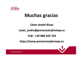 Muchas gracias 
César André Rivas 
cesar_andre@prevencionfremap.es 
Telf.: +34 986 425 724 
http://www.prevencionfremap.es 
