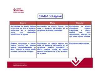 Calidad del agarre 
Bueno Malo Regular 
Recipientes de diseño óptimo 
en los que las asas o asideros 
perforados en el recipiente 
hayan sido diseñados 
optimizando el agarre. 
Recipientes de diseño óptimo con 
asas o asideros perforados en el 
recipiente de diseño subóptimo 
Recipientes de diseño 
subóptimo, objetos 
irregulares o piezas 
sueltas que sean 
voluminosas, difíciles de 
asir o con bordes afilados 
Objetos irregulares o piezas 
sueltas cuando se puedan 
agarrar confortablemente; es 
decir, cuando la mano pueda 
envolver fácilmente el objeto 
Recipientes de diseño óptimo sin 
asas ni asideros perforados en el 
recipiente, objetos irregulares o 
piezas sueltas donde el agarre 
permita una flexión de 90°en la palma 
de la mano 
Recipientes deformables 
 