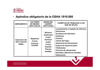 • Apéndice obligatorio de la OSHA 1910.900 
HERRAMIENTA 
FACTORES 
DE RIESGO 
QUE EVALÚA 
ZONAS DEL 
CUERPO 
AFECTADAS 
EJEMPLOS DE TRABAJOS A LOS 
QUE SE APLICA 
Valoración del 
daño corporal 
REBA 
Repetición 
Fuerza 
Posturas 
forzadas 
Muñecas 
Antebrazos 
Codos 
Hombros 
Cuello 
Tronco 
Espalda 
Piernas 
Rodillas 
Levantamiento y traslado de enfermos 
Enfermeras 
Auxiliares de enfermería 
Celadores 
Porteros 
Tareas del hogar 
Almacenes de alimentación 
Cajeros de supermercados 
Telefonistas 
Técnicos de ultrasonidos 
Dentistas y Mecánicos dentales 
Veterinarios 
 