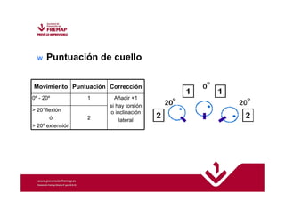w Puntuación de cuello 
Movimiento Puntuación Corrección 
0º - 20º 1 Añadir +1 
si hay torsión 
o inclinación 
lateral 
 20°flexión 
ó 
 20º extensión 
2 
 