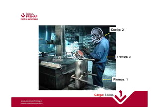 Cuello: 2 
Tronco: 3 
Piernas: 1 
Carga: 8 kilos. 
 