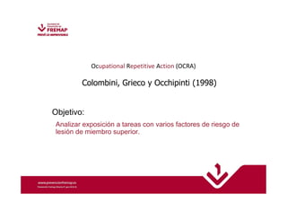 Ocupational Repetitive Action (OCRA) 
Colombini, Grieco y Occhipinti (1998) 
Objetivo: 
Analizar exposición a tareas con varios factores de riesgo de 
lesión de miembro superior. 
 