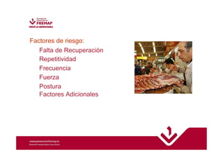 Factores de riesgo: 
Falta de Recuperación 
Repetitividad 
Frecuencia 
Fuerza 
Postura 
Factores Adicionales 
 