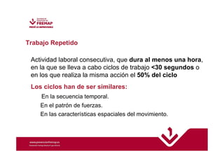 Trabajo Repetido 
Actividad laboral consecutiva, que dura al menos una hora, 
en la que se lleva a cabo ciclos de trabajo 30 segundos o 
en los que realiza la misma acción el 50% del ciclo 
Los ciclos han de ser similares: 
En la secuencia temporal. 
En el patrón de fuerzas. 
En las características espaciales del movimiento. 
 