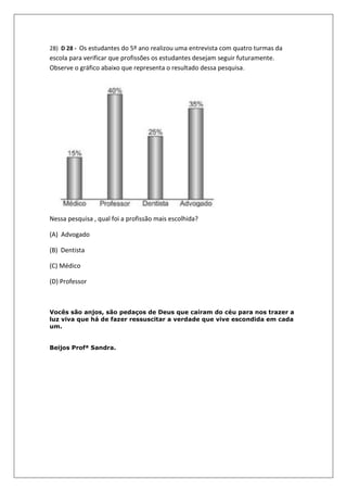 28) D 28 - Os estudantes do 5º ano realizou uma entrevista com quatro turmas da
escola para verificar que profissões os estudantes desejam seguir futuramente.
Observe o gráfico abaixo que representa o resultado dessa pesquisa.




Nessa pesquisa , qual foi a profissão mais escolhida?

(A) Advogado

(B) Dentista

(C) Médico

(D) Professor



Vocês são anjos, são pedaços de Deus que caíram do céu para nos trazer a
luz viva que há de fazer ressuscitar a verdade que vive escondida em cada
um.


Beijos Profª Sandra.
 