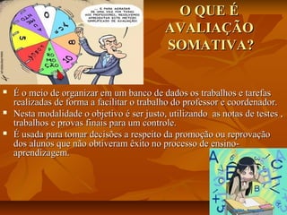 O QUE É
AVALIAÇÃO
SOMATIVA?







É o meio de organizar em um banco de dados os trabalhos e tarefas
realizadas de forma a facilitar o trabalho do professor e coordenador.
Nesta modalidade o objetivo é ser justo, utilizando as notas de testes ,
trabalhos e provas finais para um controle.
É usada para tomar decisões a respeito da promoção ou reprovação
dos alunos que não obtiveram êxito no processo de ensinoaprendizagem.

 