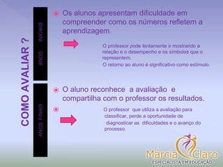 COMOAVALIAR?
ANOSINICIAIS
⦿ Os alunos apresentam dificuldade em
compreender como os números refletem a
aprendizagem.
O professor pode lentamente ir mostrando a
relação e o desempenho e os símbolos que o
representem.
O retorno ao aluno é significativo como estímulo.
ANOSFINAIS
⦿ O aluno reconhece a avaliação e
compartilha com o professor os resultados.
⦿ O professor que utiliza a avaliação para
classificar, perde a oportunidade de
diagnosticar as dificuldades e o avanço do
processo.
 