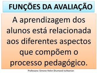 FUNÇÕES DA AVALIAÇÃO

A aprendizagem dos
alunos está relacionada
aos diferentes aspectos
que compõem o
processo pedagógico.
Professora: Simone Helen Drumond Ischkanian

 