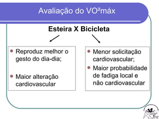 Esteira X Bicicleta Reproduz melhor o gesto do dia-dia; Maior alteração cardiovascular Menor solicitação cardiovascular; Maior probabilidade de fadiga local e não cardiovascular 