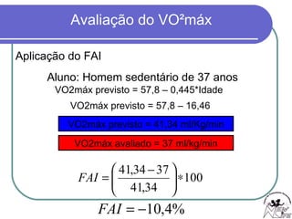 Aplicação do FAI Aluno: Homem sedentário de 37 anos VO2máx previsto = 57,8 – 0,445*Idade  VO2máx previsto = 57,8 – 16,46 VO2máx previsto = 41,34 ml/Kg/min VO2máx avaliado = 37 ml/kg/min 
