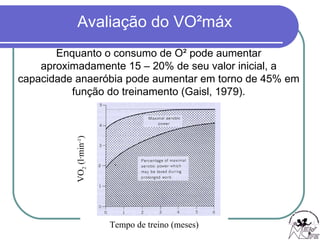 Tempo de treino (meses) Enquanto o consumo de O² pode aumentar aproximadamente 15 – 20% de seu valor inicial, a capacidade anaeróbia pode aumentar em torno de 45% em função do treinamento (Gaisl, 1979). VO 2  (l ∙min -1 ) 