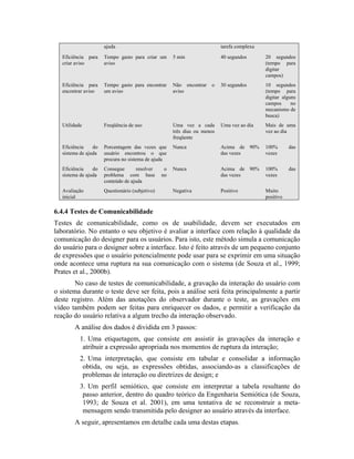 ajuda tarefa complexa
Eficiência para
criar aviso
Tempo gasto para criar um
aviso
5 min 40 segundos 20 segundos
(tempo para
digitar
campos)
Eficiência para
encontrar aviso
Tempo gasto para encontrar
um aviso
Não encontrar o
aviso
30 segundos 10 segundos
(tempo para
digitar alguns
campos no
mecanismo de
busca)
Utilidade Freqüência de uso Uma vez a cada
três dias ou menos
freqüente
Uma vez ao dia Mais de uma
vez ao dia
Eficiência do
sistema de ajuda
Porcentagem das vezes que
usuário encontrou o que
procura no sistema de ajuda
Nunca Acima de 90%
das vezes
100% das
vezes
Eficiência do
sistema de ajuda
Consegue resolver o
problema com base no
conteúdo de ajuda
Nunca Acima de 90%
das vezes
100% das
vezes
Avaliação
inicial
Questionário (subjetivo) Negativa Positivo Muito
positivo
6.4.4 Testes de Comunicabilidade
Testes de comunicabilidade, como os de usabilidade, devem ser executados em
laboratório. No entanto o seu objetivo é avaliar a interface com relação à qualidade da
comunicação do designer para os usuários. Para isto, este método simula a comunicação
do usuário para o designer sobre a interface. Isto é feito através de um pequeno conjunto
de expressões que o usuário potencialmente pode usar para se exprimir em uma situação
onde acontece uma ruptura na sua comunicação com o sistema (de Souza et al., 1999;
Prates et al., 2000b).
No caso de testes de comunicabilidade, a gravação da interação do usuário com
o sistema durante o teste deve ser feita, pois a análise será feita principalmente a partir
deste registro. Além das anotações do observador durante o teste, as gravações em
vídeo também podem ser feitas para enriquecer os dados, e permitir a verificação da
reação do usuário relativa a algum trecho da interação observado.
A análise dos dados é dividida em 3 passos:
1. Uma etiquetagem, que consiste em assistir às gravações da interação e
atribuir a expressão apropriada nos momentos de ruptura da interação;
2. Uma interpretação, que consiste em tabular e consolidar a informação
obtida, ou seja, as expressões obtidas, associando-as a classificações de
problemas de interação ou diretrizes de design; e
3. Um perfil semiótico, que consiste em interpretar a tabela resultante do
passo anterior, dentro do quadro teórico da Engenharia Semiótica (de Souza,
1993; de Souza et al. 2001), em uma tentativa de se reconstruir a meta-
mensagem sendo transmitida pelo designer ao usuário através da interface.
A seguir, apresentamos em detalhe cada uma destas etapas.
 