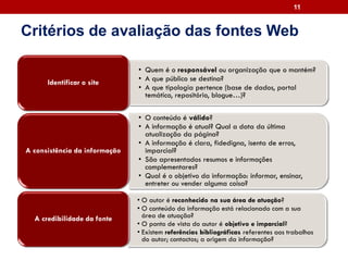 11
• Quem é o responsável ou organização que o mantém?
• A que público se destina?
• A que tipologia pertence (base de dados, portal
temático, repositório, blogue…)?
Identificar o site
• O conteúdo é válido?
• A informação é atual? Qual a data da última
atualização da página?
• A informação é clara, fidedigna, isenta de erros,
imparcial?
• São apresentados resumos e informações
complementares?
• Qual é o objetivo da informação: informar, ensinar,
entreter ou vender alguma coisa?
A consistência da informação
• O autor é reconhecido na sua área de atuação?
• O conteúdo da informação está relacionado com a sua
área de atuação?
• O ponto de vista do autor é objetivo e imparcial?
• Existem referências bibliográficas referentes aos trabalhos
do autor; contactos; a origem da informação?
A credibilidade da fonte
Critérios de avaliação das fontes Web
 