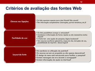 12
• Os links apontam apenas para sites fiáveis? São atuais?
• Têm informação complementar (ilustrações, portais temáticos, etc.)?
Clareza nas ligações
• Os links possibilitam avançar e retroceder?
• Acedemos à informação de forma rápida ou são necessários muitos
cliques?
• A fonte tem uma opção de pesquisa, lógica booleana?
• Tem recursos auxiliares (glossários, mapa do site, instruções de uso,
possibilidade de imprimir/ descarregar)?
Facilidade de uso
• Há coerência na utilização de padrões?
• Os recursos servem um propósito ou são apenas decorativos?
• O design do menu está estruturado para facilitar a pesquisa?
• Existem mensagens de erro durante a navegação?
• Existem informações de ajuda na interface?
Layout da fonte
Critérios de avaliação das fontes Web
 