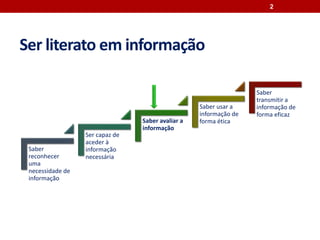 Ser literato em informação
Saber
reconhecer
uma
necessidade de
informação
Ser capaz de
aceder à
informação
necessária
Saber avaliar a
informação
Saber usar a
informação de
forma ética
Saber
transmitir a
informação de
forma eficaz
Nova Doctoral School | Information Literacy Course - Plagiarism, citation and referencing
2
 