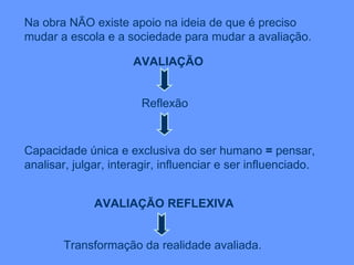 Na obra NÃO existe apoio na ideia de que é preciso mudar a escola e a sociedade para mudar a avaliação. Capacidade única e exclusiva do ser humano  =  pensar, analisar, julgar, interagir, influenciar e ser influenciado. AVALIAÇÃO REFLEXIVA AVALIAÇÃO Reflexão Transformação da realidade avaliada. 