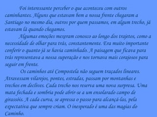 Foi interessante perceber o que aconteceu com outros caminhantes. Alguns que estavam bem a nossa frente chegaram a Santiago no mesmo dia, outros por quem passamos, em algum trecho, já estavam lá quando chegamos. Algumas emoções mexeram conosco ao longo dos trajetos, como a necessidade de olhar para trás, constantemente. Era muito importante conferir o quanto já se havia caminhado. A paisagem que ficava para trás representava a nossa superação e nos tornava mais corajosos para seguir em frente. Os caminhos até Compostela não seguem traçados lineares. Atravessam vilarejos, pontes, estradas, passam por montanhas e trechos em declives. Cada trecho nos reserva uma nova surpresa. Uma mata fechada e sombria pode abrir-se a um ensolarado campo de girassóis. A cada curva, se apressa o passo para alcançá-las, pela expectativa que sempre criam. O inesperado é uma das magias do Caminho. 