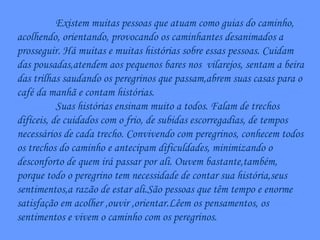 Existem muitas pessoas que atuam como guias do caminho, acolhendo, orientando, provocando os caminhantes desanimados a prosseguir. Há muitas e muitas histórias sobre essas pessoas. Cuidam das pousadas,atendem aos pequenos bares nos  vilarejos, sentam a beira das trilhas saudando os peregrinos que passam,abrem suas casas para o café da manhã e contam histórias. Suas histórias ensinam muito a todos. Falam de trechos difíceis, de cuidados com o frio, de subidas escorregadias, de tempos necessários de cada trecho. Convivendo com peregrinos, conhecem todos os trechos do caminho e antecipam dificuldades, minimizando o desconforto de quem irá passar por ali. Ouvem bastante,também, porque todo o peregrino tem necessidade de contar sua história,seus sentimentos,a razão de estar ali.São pessoas que têm tempo e enorme satisfação em acolher ,ouvir ,orientar.Lêem os pensamentos, os sentimentos e vivem o caminho com os peregrinos. 