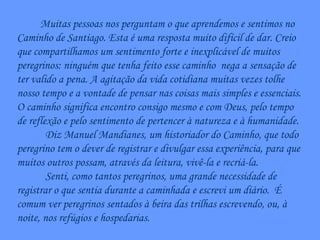 Muitas pessoas nos perguntam o que aprendemos e sentimos no Caminho de Santiago. Esta é uma resposta muito difícil de dar. Creio que compartilhamos um sentimento forte e inexplicável de muitos peregrinos: ninguém que tenha feito esse caminho  nega a sensação de ter valido a pena. A agitação da vida cotidiana muitas vezes tolhe nosso tempo e a vontade de pensar nas coisas mais simples e essenciais. O caminho significa encontro consigo mesmo e com Deus, pelo tempo de reflexão e pelo sentimento de pertencer à natureza e à humanidade. Diz Manuel Mandianes, um historiador do Caminho, que todo peregrino tem o dever de registrar e divulgar essa experiência, para que muitos outros possam, através da leitura, vivê-la e recriá-la. Senti, como tantos peregrinos, uma grande necessidade de registrar o que sentia durante a caminhada e escrevi um diário.  É comum ver peregrinos sentados à beira das trilhas escrevendo, ou, à noite, nos refúgios e hospedarias.   