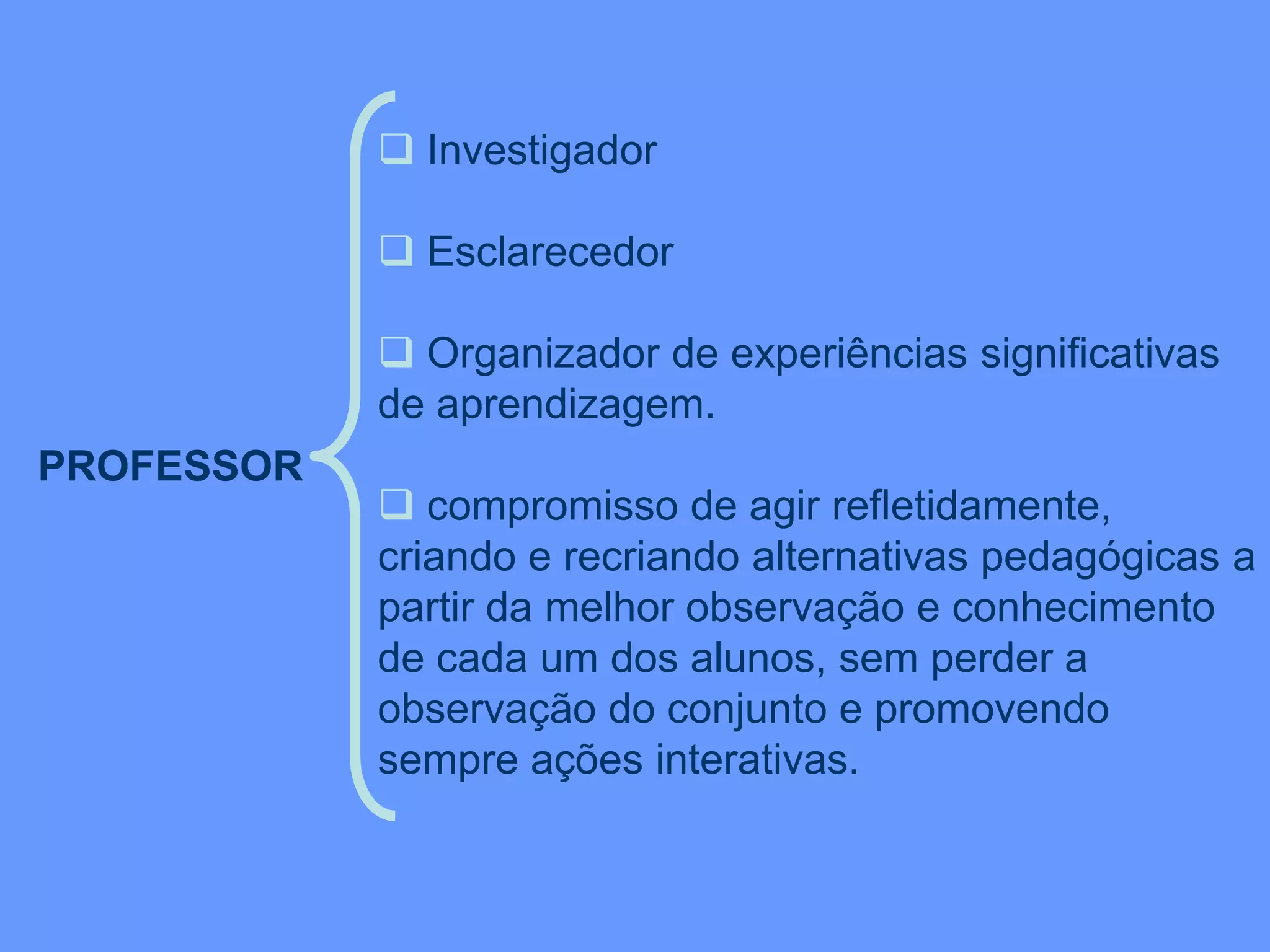 PROFESSOR
 Investigador
 Esclarecedor
 Organizador de experiências significativas
de aprendizagem.
 compromisso de agir refletidamente,
criando e recriando alternativas pedagógicas a
partir da melhor observação e conhecimento
de cada um dos alunos, sem perder a
observação do conjunto e promovendo
sempre ações interativas.
 