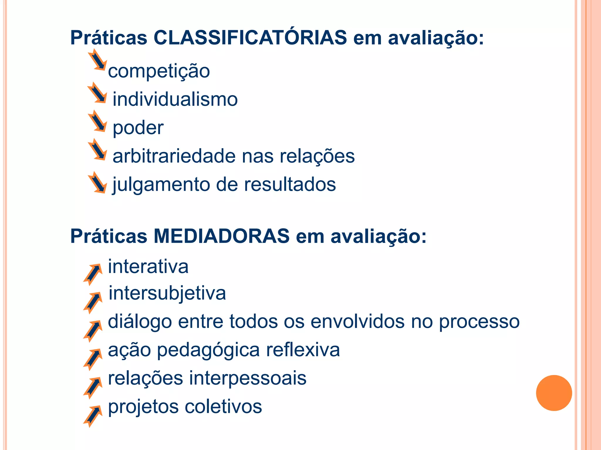 Práticas CLASSIFICATÓRIAS em avaliação:
competição
individualismo
poder
arbitrariedade nas relações
julgamento de resultados
Práticas MEDIADORAS em avaliação:
interativa
intersubjetiva
diálogo entre todos os envolvidos no processo
ação pedagógica reflexiva
relações interpessoais
projetos coletivos
 