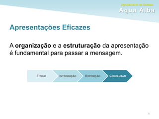 Agrupamento de Escolas
Aqua Alba
Apresentações Eficazes
A organização e a estruturação da apresentação
é fundamental para passar a mensagem.
3
TÍTULO INTRODUÇÃO EXPOSIÇÃO CONCLUSÃO
 