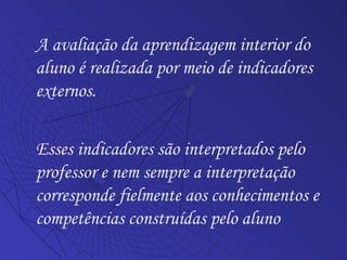 A avaliação da aprendizagem interior do aluno é realizada por meio de indicadores externos. Esses  indicadores são interpretados pelo professor e nem sempre a interpretação corresponde fielmente aos conhecimentos e competências construídas pelo aluno    