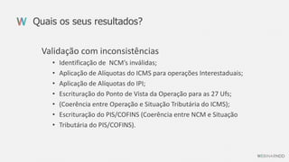 Quais os seus resultados?
Validação com inconsistências
• Identificação de NCM’s inválidas;
• Aplicação de Alíquotas do ICMS para operações Interestaduais;
• Aplicação de Alíquotas do IPI;
• Escrituração do Ponto de Vista da Operação para as 27 Ufs;
• (Coerência entre Operação e Situação Tributária do ICMS);
• Escrituração do PIS/COFINS (Coerência entre NCM e Situação
• Tributária do PIS/COFINS).
 