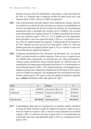 20   Avaliação de Investimentos • Bruni



         demais recursos virão de empréstimo, contratado a uma taxa aparente
         de 14% a.a. Sabendo que a empresa recolhe IR sobre lucro real, com
         alíquota igual a 20%, calcule o CMPC da operação.
[E5]     Uma concessionária privada explora uma importante estrada rodoviá-
         ria estadual no sudeste do país. Atualmente, pensa na possibilidade de
         investir na duplicação de um dos trechos da estrada. Os investimentos
         necessários para a operação são orçados em $ 5 milhões. Os recursos
         serão financiados da seguinte forma: $ 1 milhão pelo Banco do Estado,
         com taxa aparente igual a 15% a.a., $ 1,5 milhão por um importante
         banco privado a uma taxa aparente igual a 18% a.a. e os demais recur-
         sos virão do capital próprio da empresa. A alíquota de IR da empresa é
         de 34%. Assume-se uma taxa livre de risco igual a 14% a.a., mais um
         prêmio pelo risco do capital próprio igual a 7% a.a. Calcule o custo mé-
         dio ponderado de capital da empresa.
[E6]     O balanço patrimonial da Cia. Tucunaré da Amazônia S.A. no ano de
         2001 está apresentado na tabela seguinte. Sabe-se que a empresa pos-
         sui 10.000 ações negociadas no mercado por seu valor patrimonial e
         costuma pagar dividendos anuais sempre iguais a $ 1,80 por ação. Os
         empréstimos de longo prazo efetuados nos bancos A e B apresentam ta-
         xas prefixadas iguais a 19% e 17%, respectivamente: (a) Supondo que a
         empresa possua uma alíquota de Imposto de Renda igual a 25%, qual o
         custo de capital da empresa? (b) Imaginando um crescimento dos divi-
         dendos anuais igual a 4%, qual o custo de capital da empresa, supondo
         que o último dividendo tenha sido igual a $ 1,80?


Ativo                                     $       Passivo                   $

Caixa                                 50.000,00   Empréstimo (Banco A)    70.000,00

Imobilizado                          150.000,00   Empréstimo (Banco B)    40.000,00

                                                  Capital                 90.000,00

Total do ativo                      200.000,00    Total do passivo       200.000,00


[E7]     A Metalúrgica Bom Aço S.A. apresentou os seguintes dados contábeis
         no final de 2002. Calcule o custo de capital da empresa. Sabe-se que o
         beta da empresa é igual a 1,85, o retorno anual esperado do mercado
         é igual a 18% e a taxa livre de risco é igual a 6% a.a. O empréstimo foi
         contratado com uma taxa prefixada igual a 19% a.a. A alíquota de IR é
         igual a 35%.
 