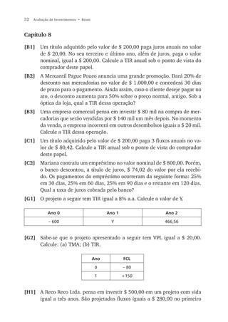 32   Avaliação de Investimentos • Bruni



Capítulo 8

[B1] Um título adquirido pelo valor de $ 200,00 paga juros anuais no valor
     de $ 20,00. No seu terceiro e último ano, além de juros, paga o valor
     nominal, igual a $ 200,00. Calcule a TIR anual sob o ponto de vista do
     comprador deste papel.
[B2] A Mercantil Pague Pouco anuncia uma grande promoção. Dará 20% de
     desconto nas mercadorias no valor de $ 1.000,00 e concederá 30 dias
     de prazo para o pagamento. Ainda assim, caso o cliente deseje pagar no
     ato, o desconto aumenta para 50% sobre o preço normal, antigo. Sob a
     óptica da loja, qual a TIR dessa operação?
[B3] Uma empresa comercial pensa em investir $ 80 mil na compra de mer-
     cadorias que serão vendidas por $ 140 mil um mês depois. No momento
     da venda, a empresa incorrerá em outros desembolsos iguais a $ 20 mil.
     Calcule a TIR dessa operação.
[C1] Um título adquirido pelo valor de $ 200,00 paga 3 fluxos anuais no va-
     lor de $ 80,42. Calcule a TIR anual sob o ponto de vista do comprador
     deste papel.
[C2] Mariana contraiu um empréstimo no valor nominal de $ 800,00. Porém,
     o banco descontou, a título de juros, $ 74,02 do valor por ela recebi-
     do. Os pagamentos do empréstimo ocorreram da seguinte forma: 25%
     em 30 dias, 25% em 60 dias, 25% em 90 dias e o restante em 120 dias.
     Qual a taxa de juros cobrada pelo banco?
[G1] O projeto a seguir tem TIR igual a 8% a.a. Calcule o valor de Y.

             Ano 0                              Ano 1          Ano 2

             – 600                               Y             466,56


[G2] Sabe-se que o projeto apresentado a seguir tem VPL igual a $ 20,00.
     Calcule: (a) TMA; (b) TIR.

                                          Ano           FCL

                                           0            – 80

                                           1            +150


[H1] A Reco Reco Ltda. pensa em investir $ 500,00 em um projeto com vida
     igual a três anos. São projetados fluxos iguais a $ 280,00 no primeiro
 