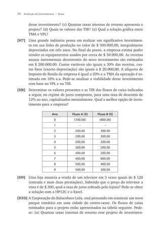 34   Avaliação de Investimentos • Bruni



         desse investimento? (c) Quantas taxas internas de retorno apresenta o
         projeto? (d) Quais os valores das TIR? (e) Qual a relação gráfica entre
         TMA e VPL?
[H7] Uma grande indústria pensa em realizar um significativo investimen-
     to em sua linha de produção no valor de $ 300.000,00, integralmente
     depreciados em três anos. No final do prazo, a empresa estima poder
     vender os equipamentos usados por cerca de $ 50.000,00. As receitas
     anuais incrementais decorrentes do novo investimento são estimadas
     em $ 200.000,00. Custos variáveis são iguais a 30% das receitas, cus-
     tos fixos (exceto depreciação) são iguais a $ 20.000,00. A alíquota de
     Imposto de Renda da empresa é igual a 20% e a TMA da operação é es-
     timada em 10% a.a. Pede-se analisar a viabilidade desse investimento
     com base no VPL e na TIR.
[H8] Determinar os valores presentes e as TIR dos fluxos de caixa indicados
     a seguir, no regime de juros compostos, para uma taxa de desconto de
     12% ao ano, capitalizados mensalmente. Qual a melhor opção de inves-
     timento para a empresa?

                            Ano           Fluxo A ($)   Fluxo B ($)
                              0            (700,00)      (800,00)
                              1               –             –
                              2             200,00        300,00
                              3             200,00        300,00
                              4             200,00        200,00
                              5             300,00        200,00
                              6             300,00        200,00
                              7             400,00        800,00
                              8             500,00        400,00
                              9             500,00        300,00

[H9] Uma loja anuncia a venda de um televisor em 3 vezes iguais de $ 120
     (entrada e mais duas prestações). Sabendo que o preço do televisor a
     vista é de $ 300, qual a taxa de juros cobrada pelo lojista? Pede-se obter
     a solução com a HP12C e o Excel.
[H10] A Corporação do Balacobaco Ltda. está pensando em construir um novo
      parque temático em uma cidade do centro-oeste. Os fluxos de caixa
      estimados para o projeto estão apresentados na tabela seguinte. Pede-
      se: (a) Quantas taxas internas de retorno esse projeto de investimen-
 