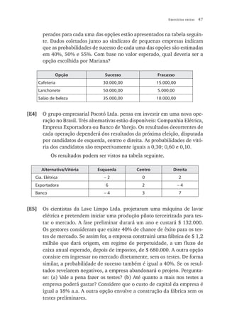 Exercícios extras   47


         perados para cada uma das opções estão apresentados na tabela seguin-
         te. Dados coletados junto ao sindicato de pequenas empresas indicam
         que as probabilidades de sucesso de cada uma das opções são estimadas
         em 40%, 50% e 55%. Com base no valor esperado, qual deveria ser a
         opção escolhida por Mariana?

               Opção                 Sucesso                 Fracasso
       Cafeteria                    30.000,00               15.000,00
       Lanchonete                   50.000,00                5.000,00
       Salão de beleza              35.000,00               10.000,00


[E4]     O grupo empresarial Pocotó Ltda. pensa em investir em uma nova ope-
         ração no Brasil. Três alternativas estão disponíveis: Companhia Elétrica,
         Empresa Exportadora ou Banco de Varejo. Os resultados decorrentes de
         cada operação dependerá dos resultados da próxima eleição, disputada
         por candidatos de esquerda, centro e direita. As probabilidades de vitó-
         ria dos candidatos são respectivamente iguais a 0,30; 0,60 e 0,10.
             Os resultados podem ser vistos na tabela seguinte.

        Alternativa/Vitória      Esquerda          Centro            Direita
   Cia. Elétrica                    –2                0                 2
   Exportadora                       6                2                 –4
   Banco                            –4                3                 7


[E5]     Os cientistas da Lave Limpo Ltda. projetaram uma máquina de lavar
         elétrica e pretendem iniciar uma produção piloto terceirizada para tes-
         tar o mercado. A fase preliminar durará um ano e custará $ 132.000.
         Os gestores consideram que existe 40% de chance de êxito para os tes-
         tes de mercado. Se assim for, a empresa construirá uma fábrica de $ 1,2
         milhão que dará origem, em regime de perpetuidade, a um fluxo de
         caixa anual esperado, depois de impostos, de $ 680.000. A outra opção
         consiste em ingressar no mercado diretamente, sem os testes. De forma
         similar, a probabilidade de sucesso também é igual a 40%. Se os resul-
         tados revelarem negativos, a empresa abandonará o projeto. Pergunta-
         se: (a) Vale a pena fazer os testes? (b) Até quanto a mais nos testes a
         empresa poderá gastar? Considere que o custo de capital da empresa é
         igual a 18% a.a. A outra opção envolve a construção da fábrica sem os
         testes preliminares.
 