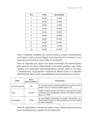 Exercícios extras   51



                        Ano              Preço          Quantidade

                          1              45,00             10.000

                          2              45,00             12.000

                          3              45,00             14.000

                          4              50,00             16.000

                          5              50,00             18.000

                          6              50,00             20.000

                          7              60,00             22.000

                          8              60,00             24.000

                          9              60,00             26.000

                         10              60,00             28.000


        Parte I: Supondo condições de certeza, pede-se avaliar o investimento
        com base no valor presente líquido e na taxa interna de retorno. A em-
        presa deveria investir na nova linha de produção?
        Parte II: Supondo que alguns dos dados fornecidos são caracterizados
        pela presença do risco, representado pelo desvio padrão e que todos
        seguem uma destruição aproximadamente normal, pede-se reavaliar
        o investimento, empregando o método de Monte Carlo (e a planilha
        INVESTFACIL.XLS). Qual a probabilidade do investimento ser viável?

                        Risco
     Dado                                                Comentário
                   (desvio padrão)

                                     O custo de capital é caracterizado por um valor médio
Custo de capital         4%
                                     igual a 18% e um desvio padrão igual a 4%.

                                     Supõe-se que os preços em todos os anos possam variar
Preço                  $10,00        conforme uma distribuição normal, com desvio padrão
                                     igual a $ 10,00

                                     As quantidades planejadas de vendas apresentam um
Quantidade             2.500         desvio padrão igual a 2.500 unidades por ano em todos
                                     os anos analisados


        Parte III: Aplicando o conceito de opções reais, a Bella Essência deveria
        tocar imediatamente o projeto de investimento?
 