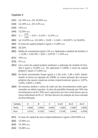 Respostas dos exercícios extras   13


Capítulo 4

[A1] (a) 16% a.a.; (b) 10,56% a.a.
[A2] (a) 20% a.a.; (b) 4,5% a.a.
[A3] 14% a.a.
[A4] 12,25% a.a.
                0,75
[B1]     Ks =        + 0,03 = 0,1639 = 16,39% a.a.
                5,60
[B2] (a) 14,45% a.a.; (b) 60% × 13,00 × 1,1445 = $ 8,9271; (c) 26,85%.
[B3] O custo do capital próprio é igual a 11,68% a.a.
[B4] 22,22%.
[B5] Média de crescimento igual a 3% a.a. Aplicando o modelo de Gordon: k
     = (3,90 × 1,03)/98 + 0,03 = 0,0710 = 7,10% a.a.
[C1] 19% a.a.
[C2] 5% a.a.
[D1] (a) o custo do capital próprio mediante a aplicação do modelo de Gor-
     don é igual a 15,50% a.a.; (b) aplicando o CAPM, o custo do capital
     próprio é igual a 17,20% a.a.
[D2] Os betas encontrados foram iguais a 1,38, 0,41, 1,90 e 0,04. Substi-
     tuindo os betas na equação do CAPM, os custos mensais dos recursos
     próprios das quatro empresas seriam respectivamente iguais a: 3,07%,
     1,62%, 3,85% e 1,06%.
[D3] Os retornos médios e riscos de cada um dos investimentos estão apre-
     sentados na tabela seguinte. O risco do portfólio formado por 50% dos
     investimentos em B e 50% em C apresenta um risco total menor que os
     riscos individuais de B e C. Tal fato decorre da redução do risco oriunda
     da diversificação.

  Carteira        A          B          C        AeB            BeC             AeC

 Média            1,0000     2,0000     3,0000       1,5000       2,5000          2,0000

 Risco            1,6733     4,7329     7,4833       2,5100       3,6469          4,3589


[E1]     O custo de capital do novo empreendimento é igual a 20,6750% a.a.
[E2]     13,50% a.a.
[E3]     15,70% a.a.
[E4]     19,48% a.a.
 