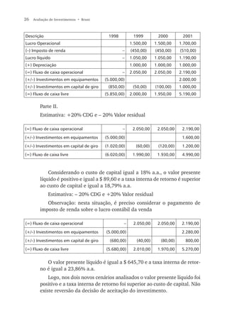26   Avaliação de Investimentos • Bruni




Descrição                                  1998         1999         2000         2001
Lucro Operacional                                      1.500,00     1.500,00     1.700,00
(–) Imposto de renda                              –    (450,00)     (450,00)     (510,00)
Lucro líquido                                     –    1.050,00     1.050,00     1.190,00
(+) Depreciação                                        1.000,00     1.000,00     1.000,00
(=) Fluxo de caixa operacional                    –    2.050,00     2.050,00     2.190,00
(+/–) Investimentos em equipamentos       (5.000,00)                             2.000,00
(+/–) Investimentos em capital de giro     (850,00)     (50,00)     (100,00)     1.000,00
(=) Fluxo de caixa livre                  (5.850,00)   2.000,00     1.950,00     5.190,00

         Parte II.
         Estimativa: +20% CDG e – 20% Valor residual

(=) Fluxo de caixa operacional                     –    2.050,00     2.050,00     2.190,00

(+/–) Investimentos em equipamentos       (5.000,00)                              1.600,00

(+/–) Investimentos em capital de giro    (1.020,00)     (60,00)     (120,00)     1.200,00

(=) Fluxo de caixa livre                  (6.020,00)    1.990,00     1.930,00     4.990,00



             Considerando o custo de capital igual a 18% a.a., o valor presente
         líquido é positivo e igual a $ 89,60 e a taxa interna de retorno é superior
         ao custo de capital e igual a 18,79% a.a.
             Estimativa: – 20% CDG e +20% Valor residual
            Observação: nesta situação, é preciso considerar o pagamento de
         imposto de renda sobre o lucro contábil da venda

(=) Fluxo de caixa operacional                     –    2.050,00     2.050,00     2.190,00

(+/–) Investimentos em equipamentos       (5.000,00)                              2.280,00

(+/–) Investimentos em capital de giro      (680,00)      (40,00)      (80,00)      800,00

(=) Fluxo de caixa livre                  (5.680,00)    2.010,00     1.970,00     5.270,00


            O valor presente líquido é igual a $ 645,70 e a taxa interna de retor-
         no é igual a 23,86% a.a.
             Logo, nos dois novos cenários analisados o valor presente líquido foi
         positivo e a taxa interna de retorno foi superior ao custo de capital. Não
         existe reversão da decisão de aceitação do investimento.
 