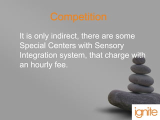 your name
Competition
It is only indirect, there are some
Special Centers with Sensory
Integration system, that charge with
an hourly fee.
 