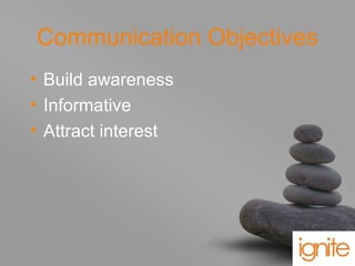 your name
Communication Objectives
• Build awareness
• Informative
• Attract interest
 